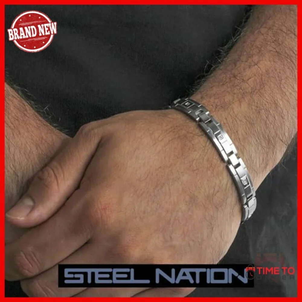 Stainless Steel Men's Bracelet with Diamonds, 8.5 Inch Link Chain